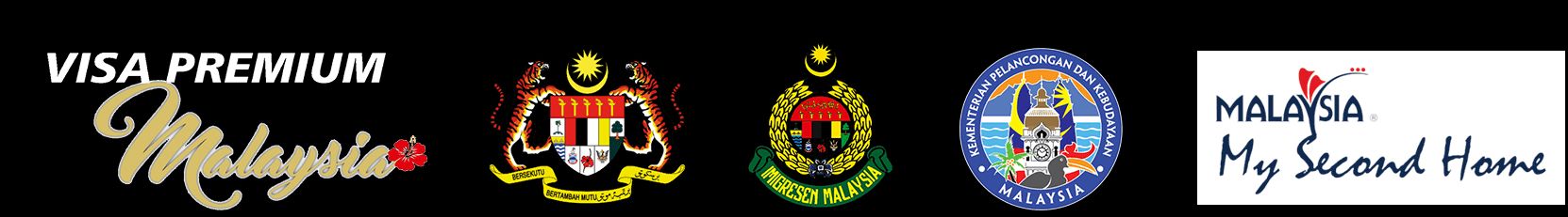 Visa Premium Malaysia, Malaysian Government coat of arms, Imigresen Malaysia, Kementerian Pelancongan dan Kebudayaan Malaysia (MOTAC), and Malaysia My Second Home official logos