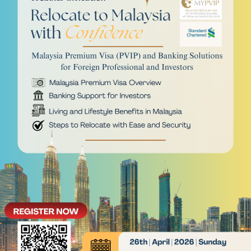 Webinar invitation flyer for "Relocate to Malaysia with Confidence," featuring Malaysia Premium Visa (PVIP) and Standard Chartered banking solutions for investors.
