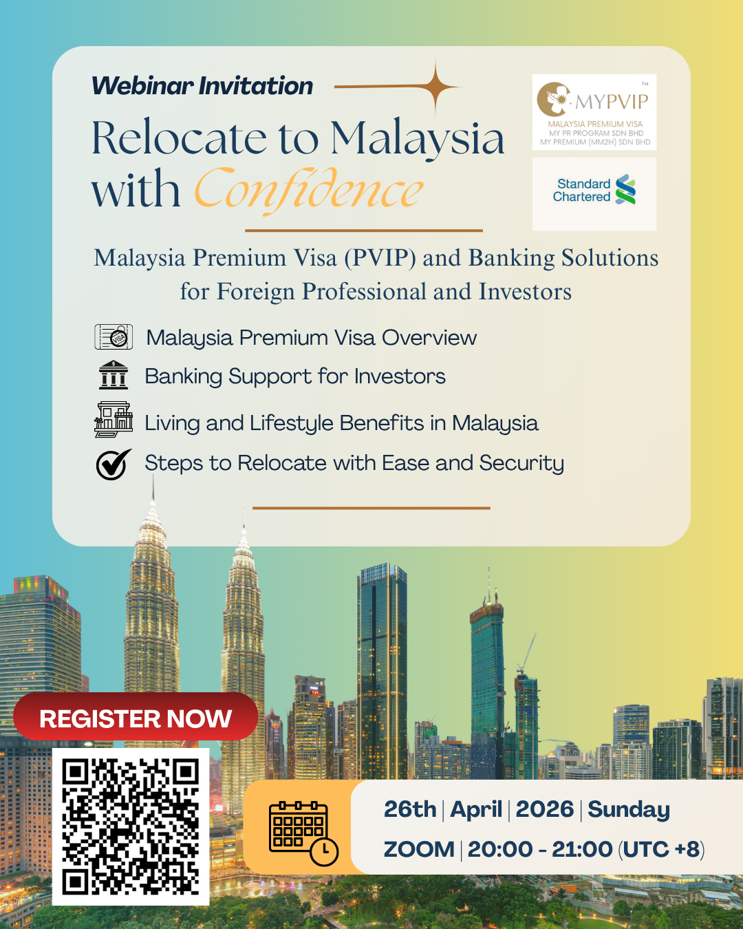 Webinar invitation flyer for "Relocate to Malaysia with Confidence," featuring Malaysia Premium Visa (PVIP) and Standard Chartered banking solutions for investors.
